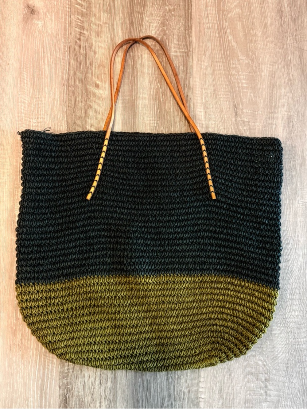 Mossimo Target Straw Tote Bag Black Green Colorblock Leather Handles Large 19.5"